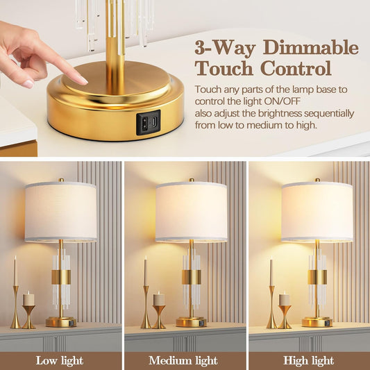 25.5" Table Lamp Set of 2 with USB A+C Ports, Gold Lamp for Living Room with Touch Control, Modern Bedside Nightstand Lamp White Lamp Shade Bedroom Home Office Decor (2700K LED Bulbs Included)