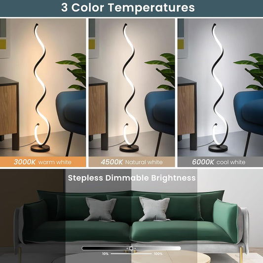 Modern Floor Lamp for Living Room, 3 Color Temperature LED Spiral Floor Lamps with Remote&Foot Switch, 48W Dimmable LED Standing Lamp for Bedroom, Office(Black)
