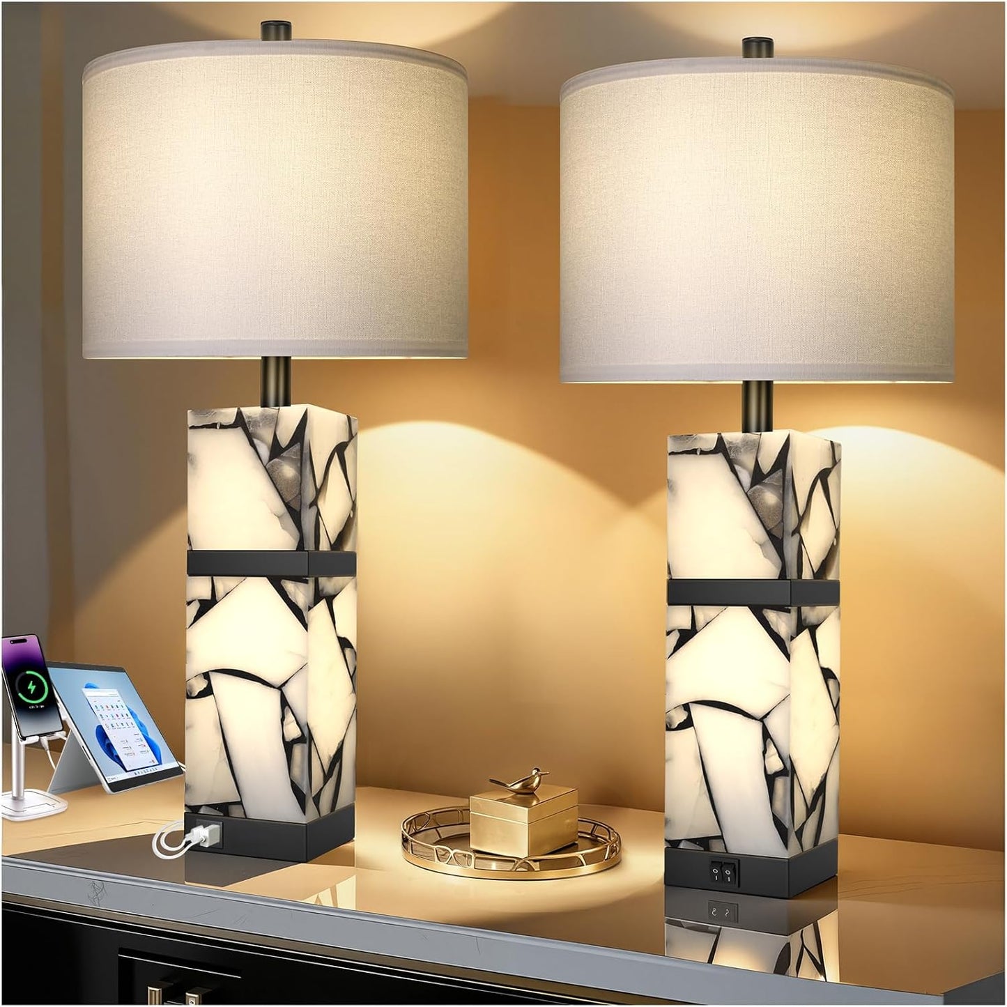 Natural Alabaster Table Lamps Set of 2 - Table Lamp with Night Light for Bedroom,Nightstand Lamps with USB Ports,Bedside Lamps with Linen Fabric Shade for Living Room,Bedroom,Office,Bar(Bulb Included)