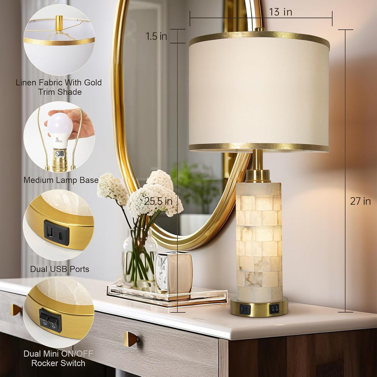 27" Alabaster Table Lamps Set of 2, Lamps for Living Room Bedroom,Bedside Lamps with Night Light,Nightstand Lamp with USB A+C Ports,Modern Table Lamp with Linen Shade (Bulbs Included)