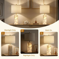 Alabaster Table Lamp Set of 2 with Night Light for Bedroom Living Room, 23" Rotary Switch Bedside Lamp with Linen Shade, Modern Nightstand Lamps for Room Office Dorm (Bulb Included)