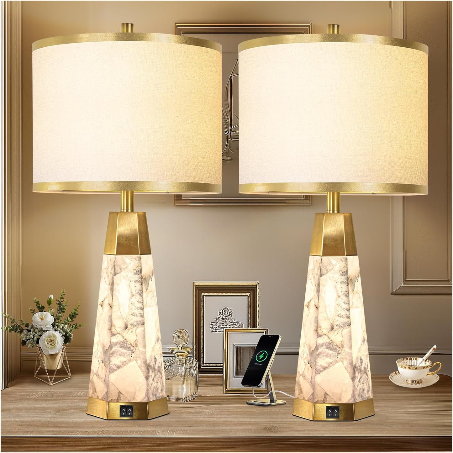 27" Alabaster Table Lamps Set of 2, Lamps for Living Room Bedroom,Bedside Lamps with Night Light,Nightstand Lamp with USB A+C Ports,Modern Table Lamp with Linen Shade (Bulbs Included)
