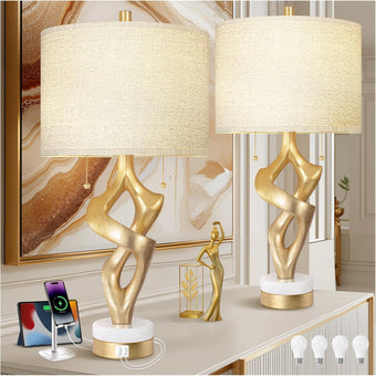 compare product Sculptural Table Lamp Set of 2 with USB Ports for Bedroom Living Room, 26” Gold Leaf Marble Base Bedside Lamps, Pull Chains Switch Modern Nightstand Lamp for Home Room Decor (Bulbs Included)