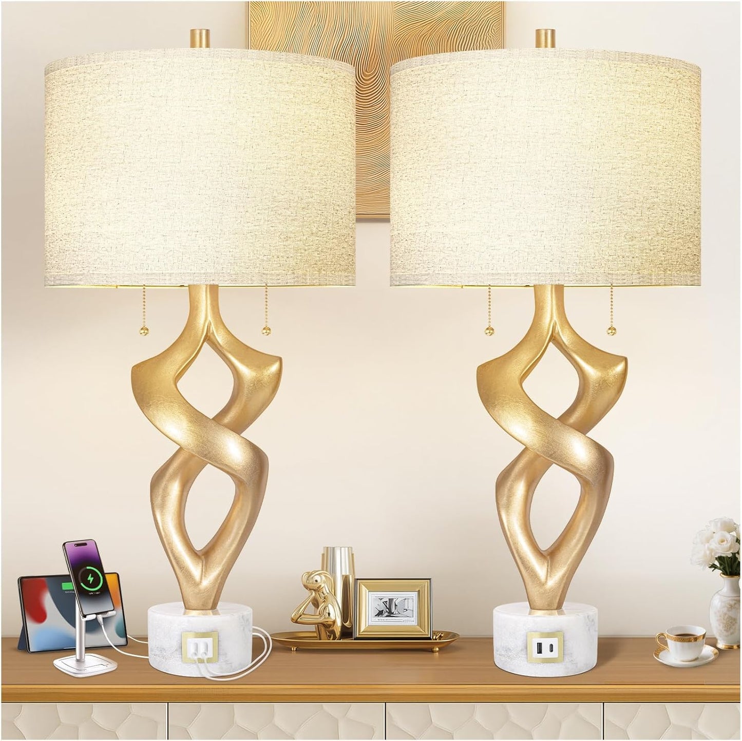 Sculptural Table Lamp Set of 2 with USB Ports for Bedroom Living Room, 26” Gold Leaf Marble Base Bedside Lamps, Pull Chains Switch Modern Nightstand Lamp for Home Room Decor (Bulbs Included)