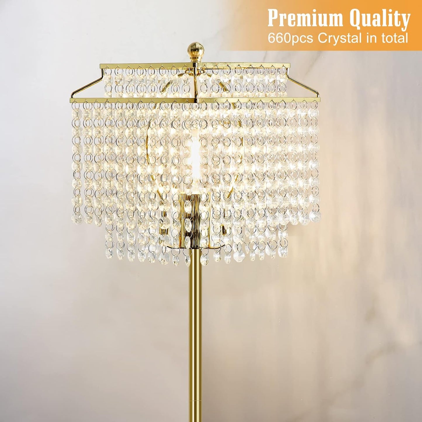 Gold Crystal Floor Lamp, 64" Tall Elegant Standing Lamp with On-Off Foot Switch, Double-Layer Lampshade, Standing Floor Lamps for Living Room, Bedroom, Office, 8W LED Bulb Included
