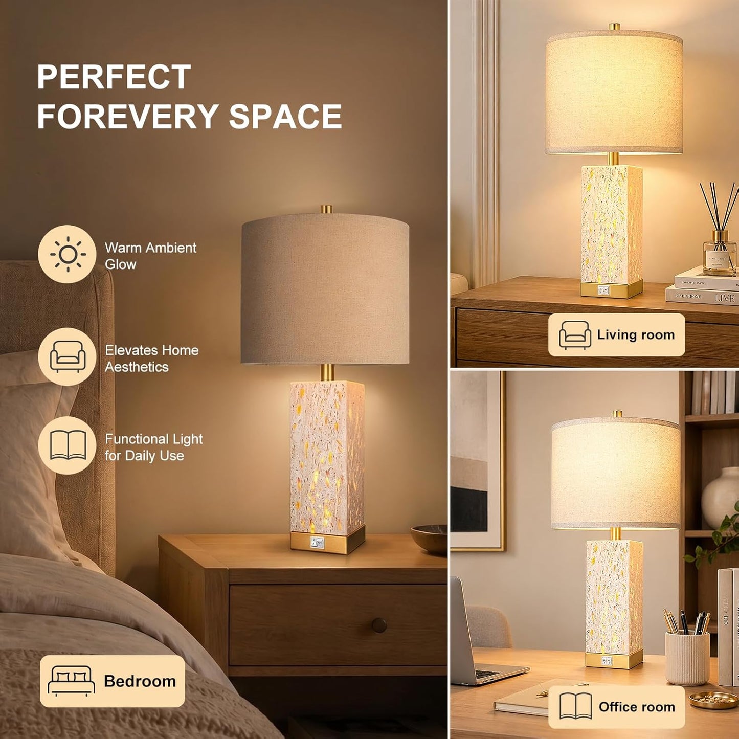 24" Modern Translucent Travertine Table Lamp Set of 2 with Night Light for Living Room,Natural Stone Desk Lamp with USB Ports.Farmhouse Bedside Nightstand Lamp Decor Bedroom Home .Tradition End Lamp