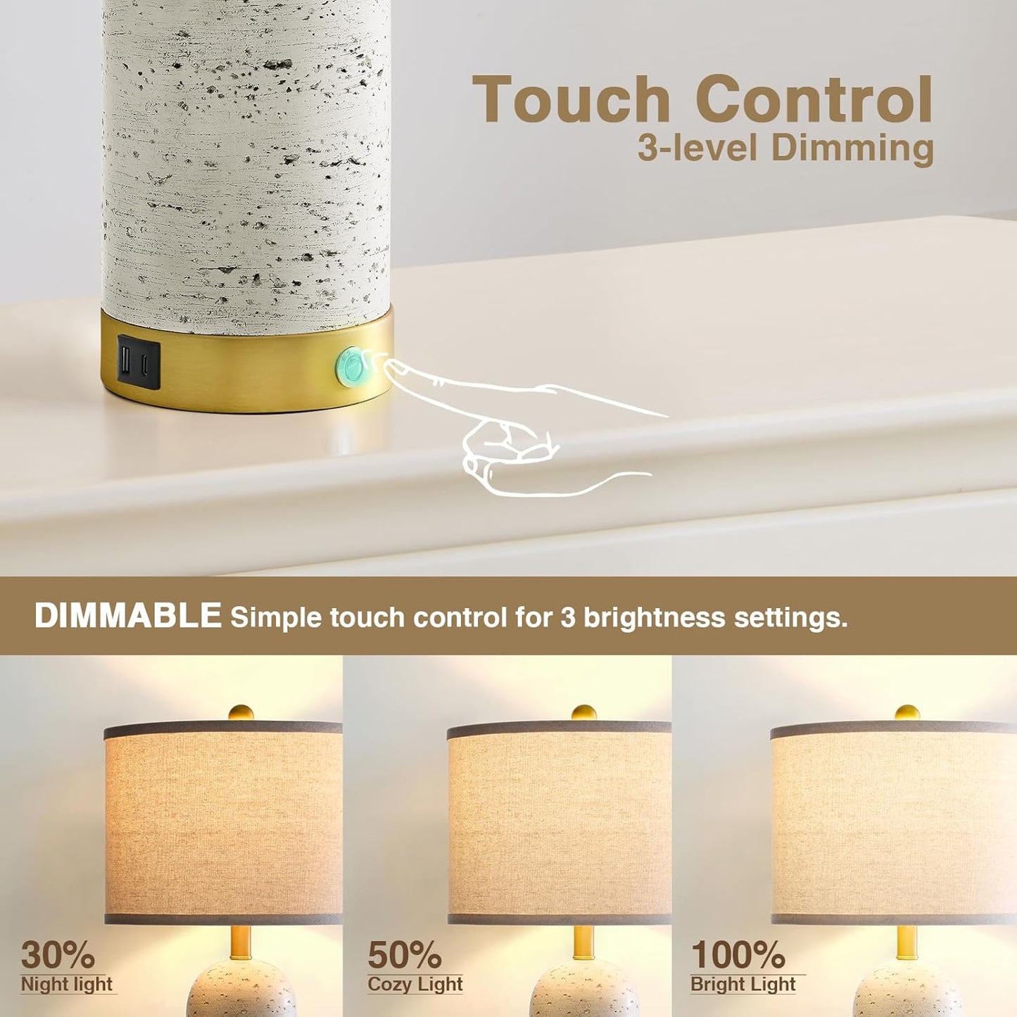 25" Set of 2 Touch Rustic Table Lamps for Living Room, Resin Stone Travertine Nightstand Modern Lamps with 3-Way Dimmable and USB A+C Ports for Bedroom Entryway, 2 LED Bulbs Included
