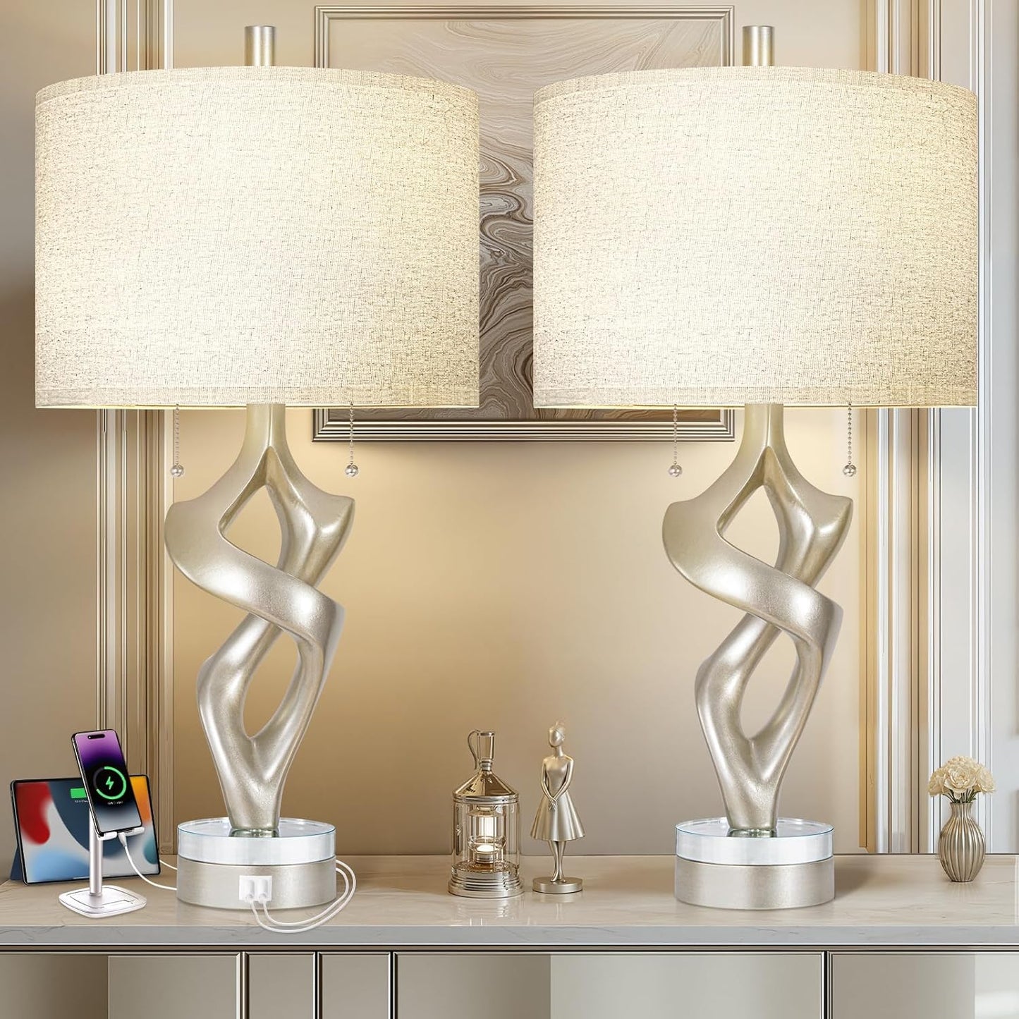 Sculptural Table Lamp Set of 2 with USB Ports for Bedroom Living Room, 26” Gold Leaf Marble Base Bedside Lamps, Pull Chains Switch Modern Nightstand Lamp for Home Room Decor (Bulbs Included)