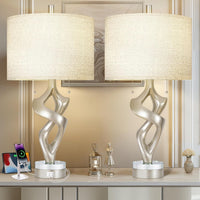 Sculptural Table Lamp Set of 2 with USB Ports for Bedroom Living Room, 26” Gold Leaf Marble Base Bedside Lamps, Pull Chains Switch Modern Nightstand Lamp for Home Room Decor (Bulbs Included)