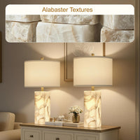 Alabaster Table Lamp Set of 2 with Night Light for Bedroom Living Room, 23" Rotary Switch Bedside Lamp with Linen Shade, Modern Nightstand Lamps for Room Office Dorm (Bulb Included)