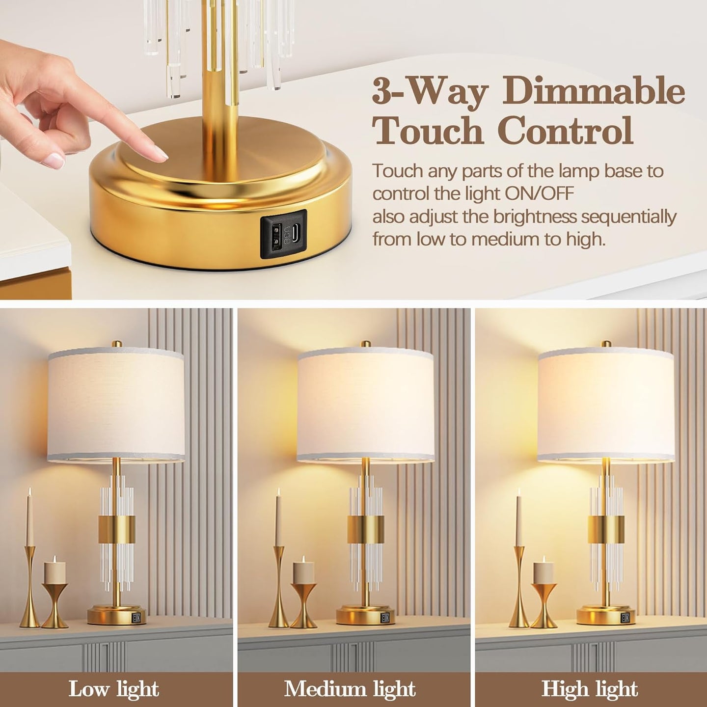 25.5" Table Lamp Set of 2 with USB A+C Ports, Gold Lamp for Living Room with Touch Control, Modern Bedside Nightstand Lamp White Lamp Shade Bedroom Home Office Decor (2700K LED Bulbs Included)