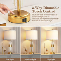 25.5" Table Lamp Set of 2 with USB A+C Ports, Gold Lamp for Living Room with Touch Control, Modern Bedside Nightstand Lamp White Lamp Shade Bedroom Home Office Decor (2700K LED Bulbs Included)