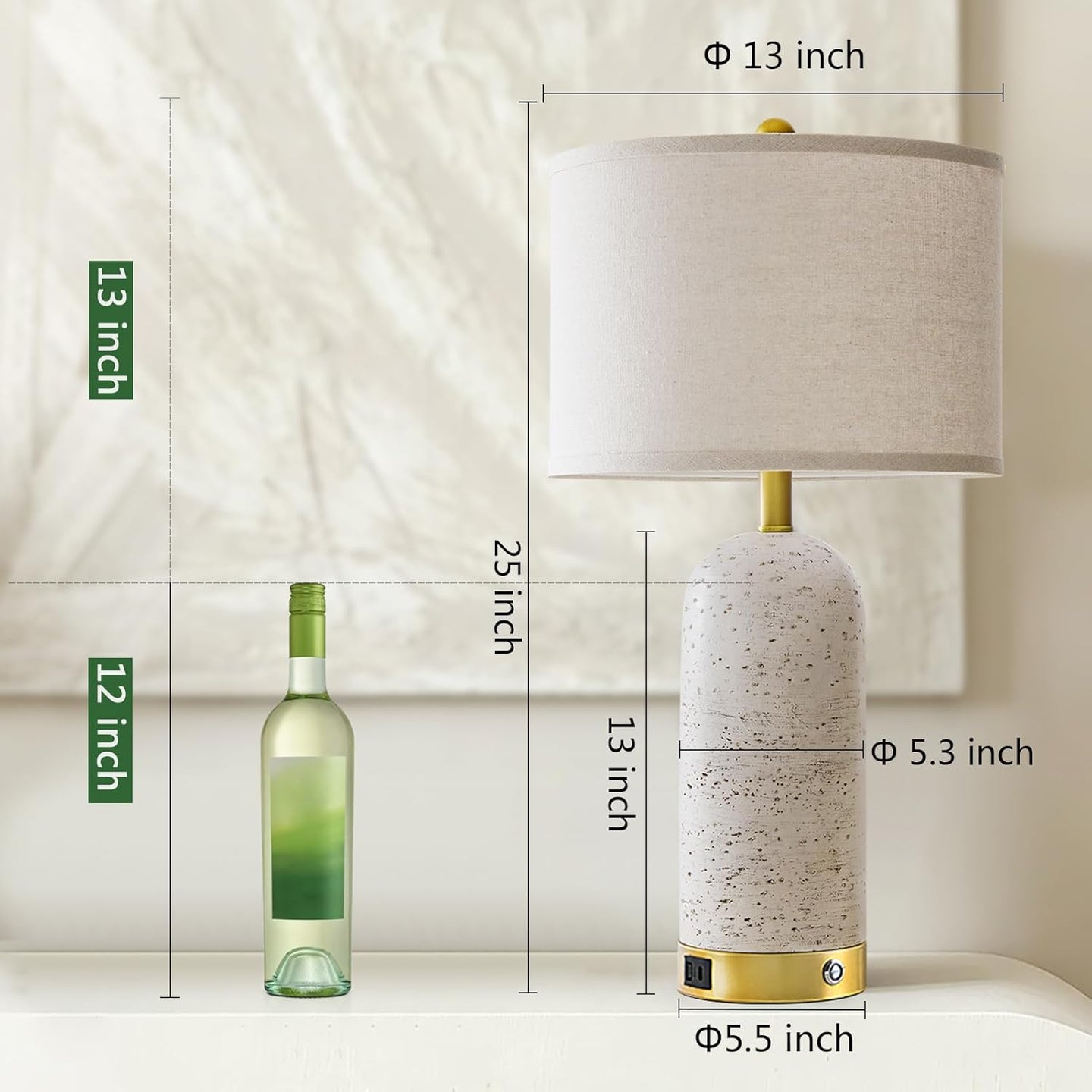 25" Set of 2 Touch Rustic Table Lamps for Living Room, Resin Stone Travertine Nightstand Modern Lamps with 3-Way Dimmable and USB A+C Ports for Bedroom Entryway, 2 LED Bulbs Included