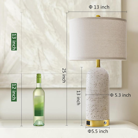 25" Set of 2 Touch Rustic Table Lamps for Living Room, Resin Stone Travertine Nightstand Modern Lamps with 3-Way Dimmable and USB A+C Ports for Bedroom Entryway, 2 LED Bulbs Included