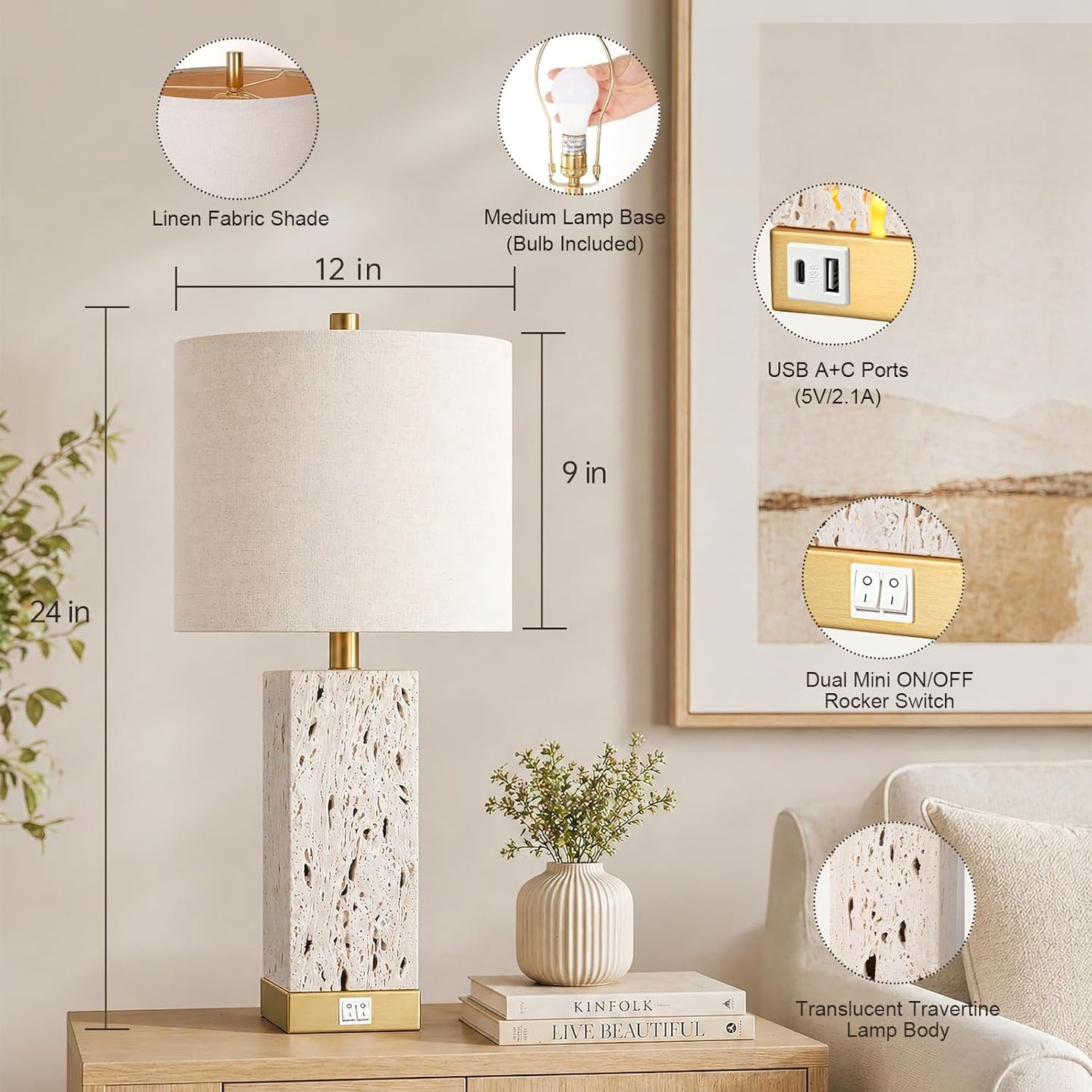24" Modern Translucent Travertine Table Lamp Set of 2 with Night Light for Living Room,Natural Stone Desk Lamp with USB Ports.Farmhouse Bedside Nightstand Lamp Decor Bedroom Home .Tradition End Lamp