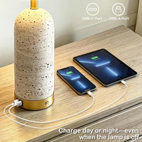 25" Set of 2 Touch Rustic Table Lamps for Living Room, Resin Stone Travertine Nightstand Modern Lamps with 3-Way Dimmable and USB A+C Ports for Bedroom Entryway, 2 LED Bulbs Included