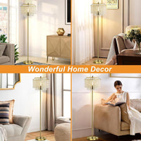 Gold Crystal Floor Lamp, 64" Tall Elegant Standing Lamp with On-Off Foot Switch, Double-Layer Lampshade, Standing Floor Lamps for Living Room, Bedroom, Office, 8W LED Bulb Included