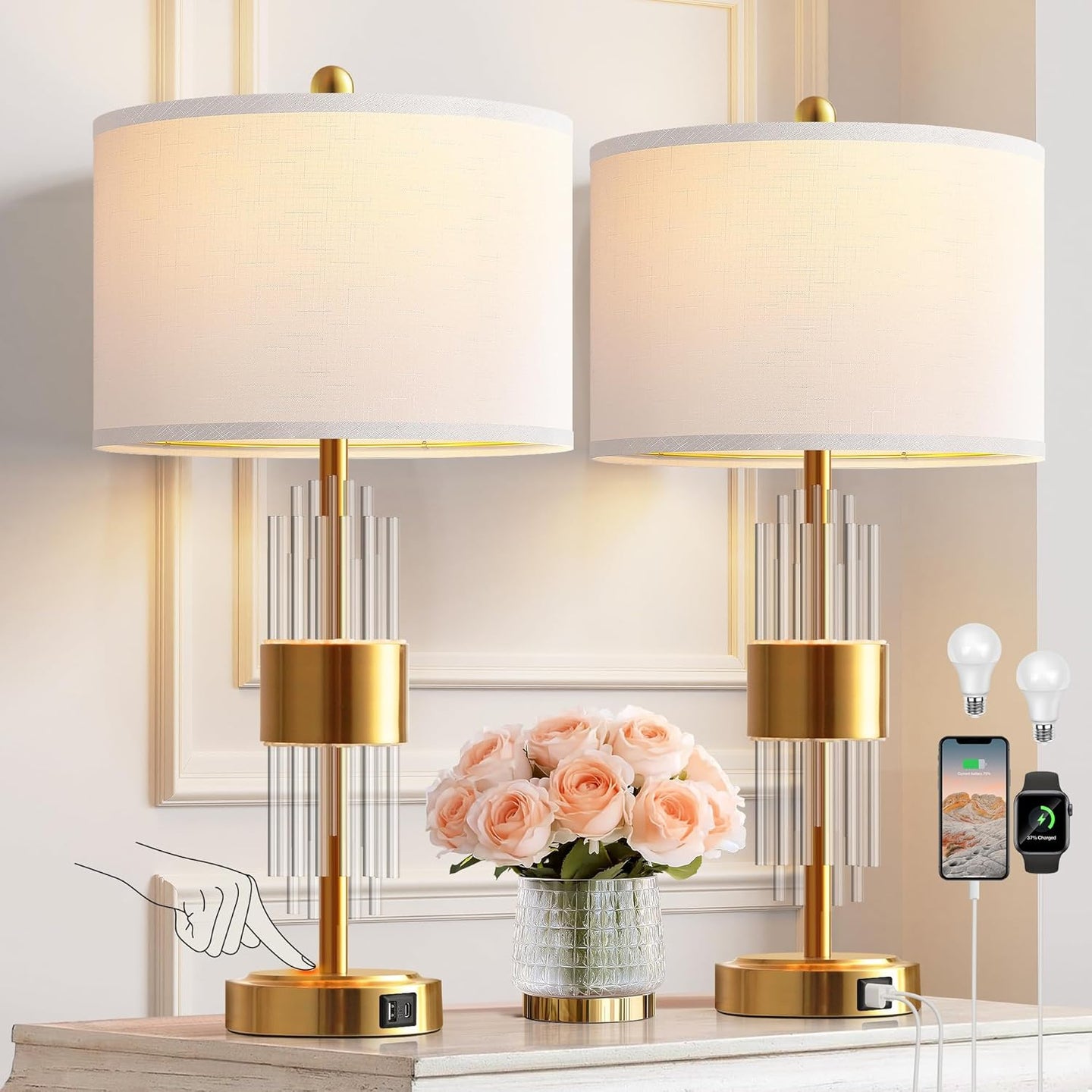 25.5" Table Lamp Set of 2 with USB A+C Ports, Gold Lamp for Living Room with Touch Control, Modern Bedside Nightstand Lamp White Lamp Shade Bedroom Home Office Decor (2700K LED Bulbs Included)