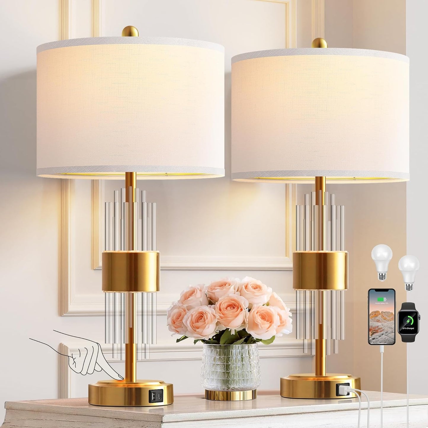 25.5" Table Lamp Set of 2 with USB A+C Ports, Gold Lamp for Living Room with Touch Control, Modern Bedside Nightstand Lamp White Lamp Shade Bedroom Home Office Decor (2700K LED Bulbs Included)