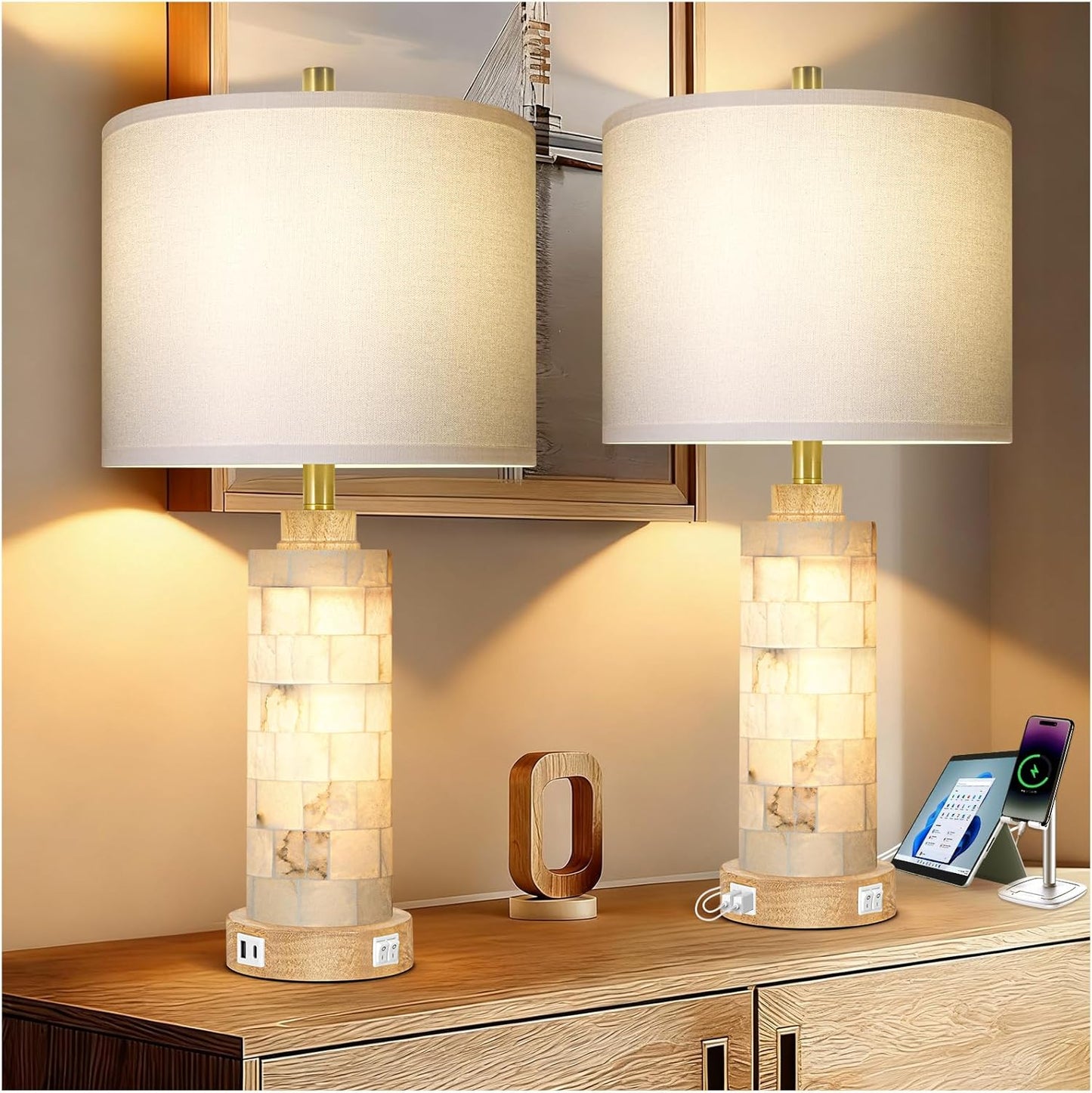 27" Alabaster Table Lamps Set of 2, Lamps for Living Room Bedroom,Bedside Lamps with Night Light,Nightstand Lamp with USB A+C Ports,Modern Table Lamp with Linen Shade (Bulbs Included)