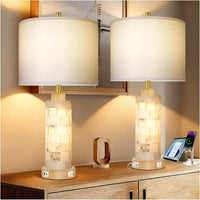 27" Alabaster Table Lamps Set of 2, Lamps for Living Room Bedroom,Bedside Lamps with Night Light,Nightstand Lamp with USB A+C Ports,Modern Table Lamp with Linen Shade (Bulbs Included)