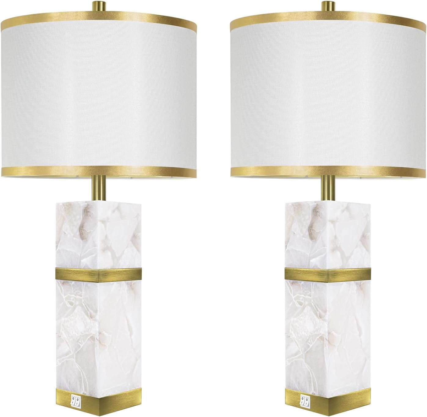 Natural Alabaster Table Lamps Set of 2 - Table Lamp with Night Light for Bedroom,Nightstand Lamps with USB Ports,Bedside Lamps with Linen Fabric Shade for Living Room,Bedroom,Office,Bar(Bulb Included)