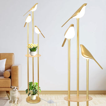 compare product Gold Floor Lamps for Living Room, Modern Floor Lamp with Shelves, Mid Century Standing Lamp with 3 Adjustable LED Bird Lights, Corner Tall Lamp with Table, Brass Stand up Lamp for Bedroom Kids Room