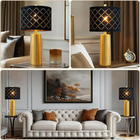 Set of 2 Modern Table Lamps for Living Room Bedroom, Gold Nightstand Resin Lamps with Black Grid Shade, Contemporary Desk Lamps for Bedside End Tables, 2 Bulbs Included (Gold)