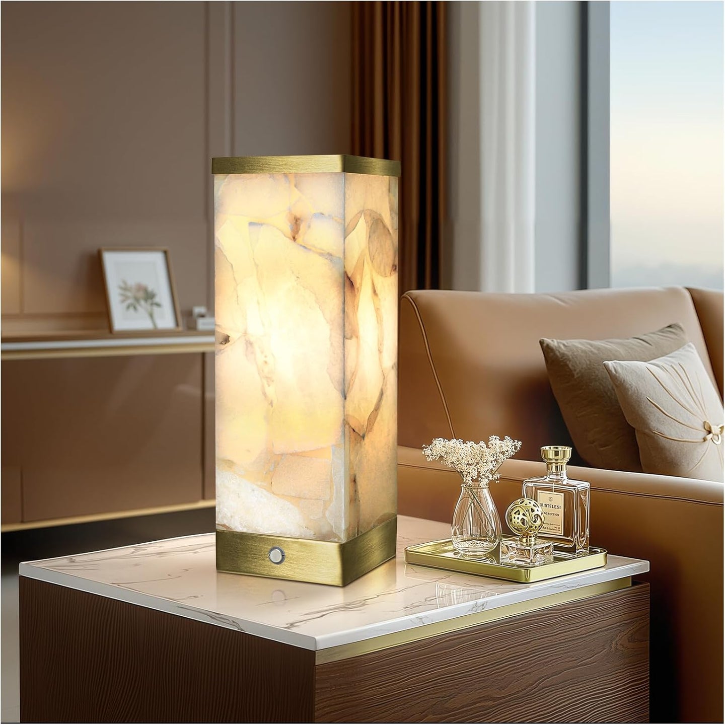 Natural Alabaster Table Lamps Set of 2 - Table Lamp with Night Light for Bedroom,Nightstand Lamps with USB Ports,Bedside Lamps with Linen Fabric Shade for Living Room,Bedroom,Office,Bar(Bulb Included)