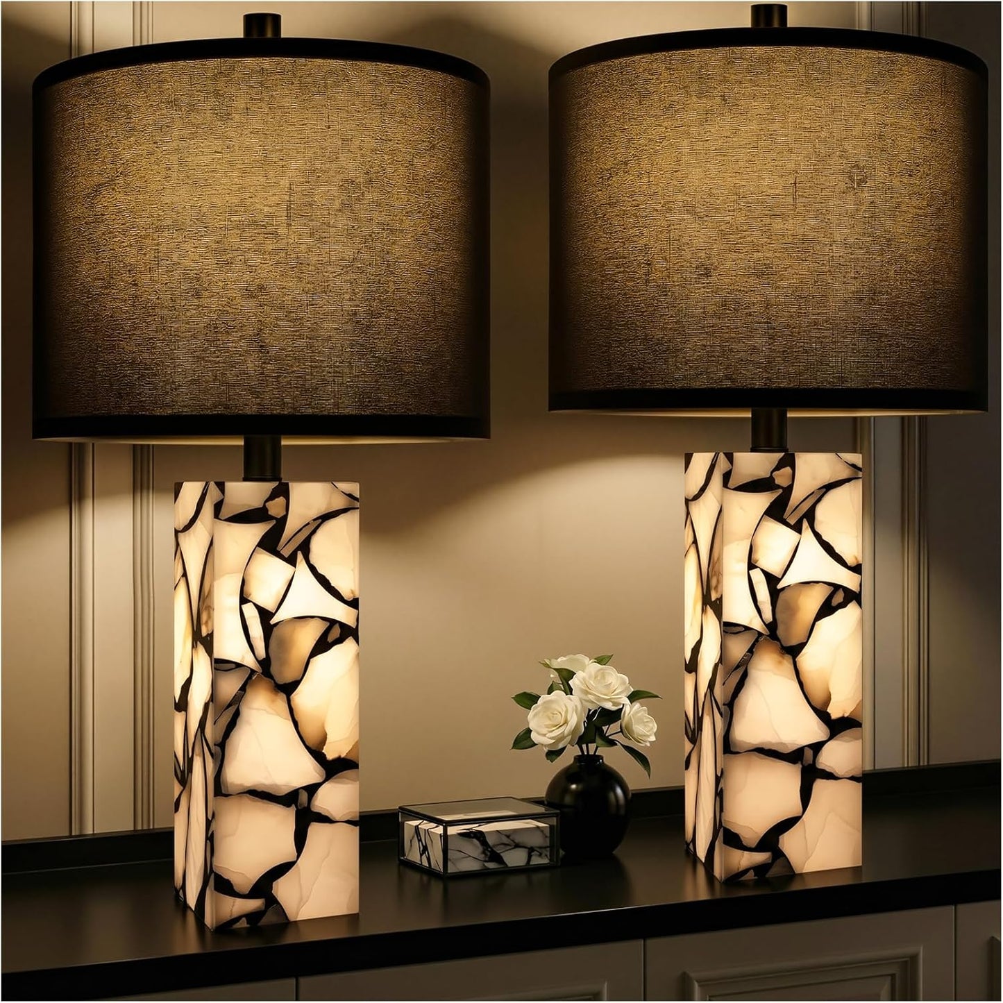 Alabaster Table Lamp Set of 2 with Night Light for Bedroom Living Room, 23" Rotary Switch Bedside Lamp with Linen Shade, Modern Nightstand Lamps for Room Office Dorm (Bulb Included)