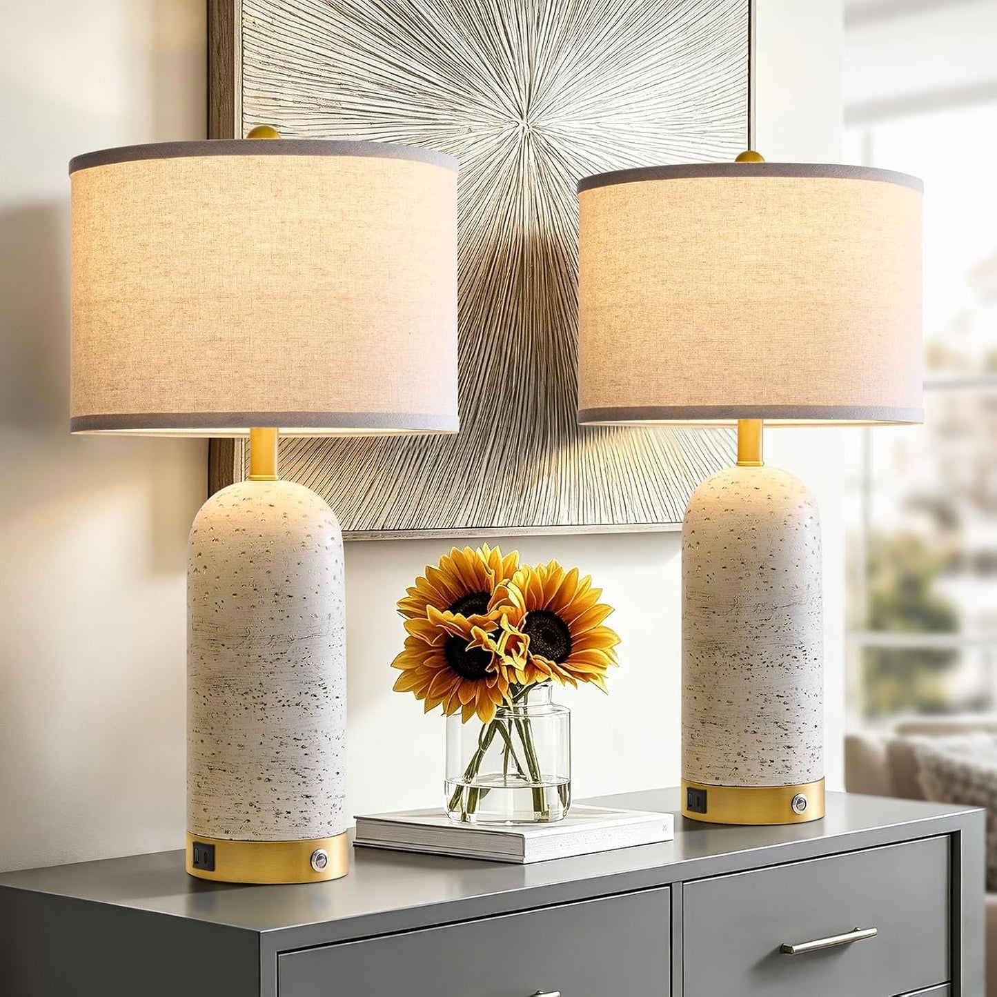 25" Set of 2 Touch Rustic Table Lamps for Living Room, Resin Stone Travertine Nightstand Modern Lamps with 3-Way Dimmable and USB A+C Ports for Bedroom Entryway, 2 LED Bulbs Included