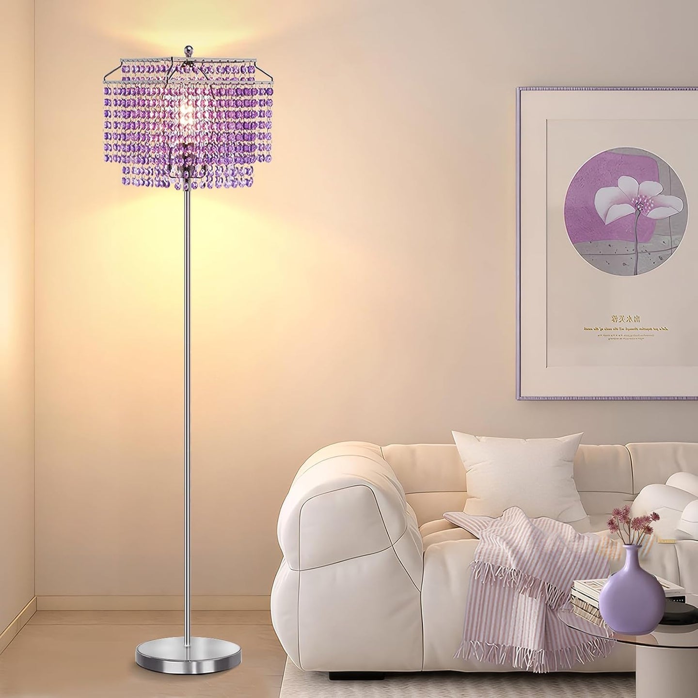 Gold Crystal Floor Lamp, 64" Tall Elegant Standing Lamp with On-Off Foot Switch, Double-Layer Lampshade, Standing Floor Lamps for Living Room, Bedroom, Office, 8W LED Bulb Included