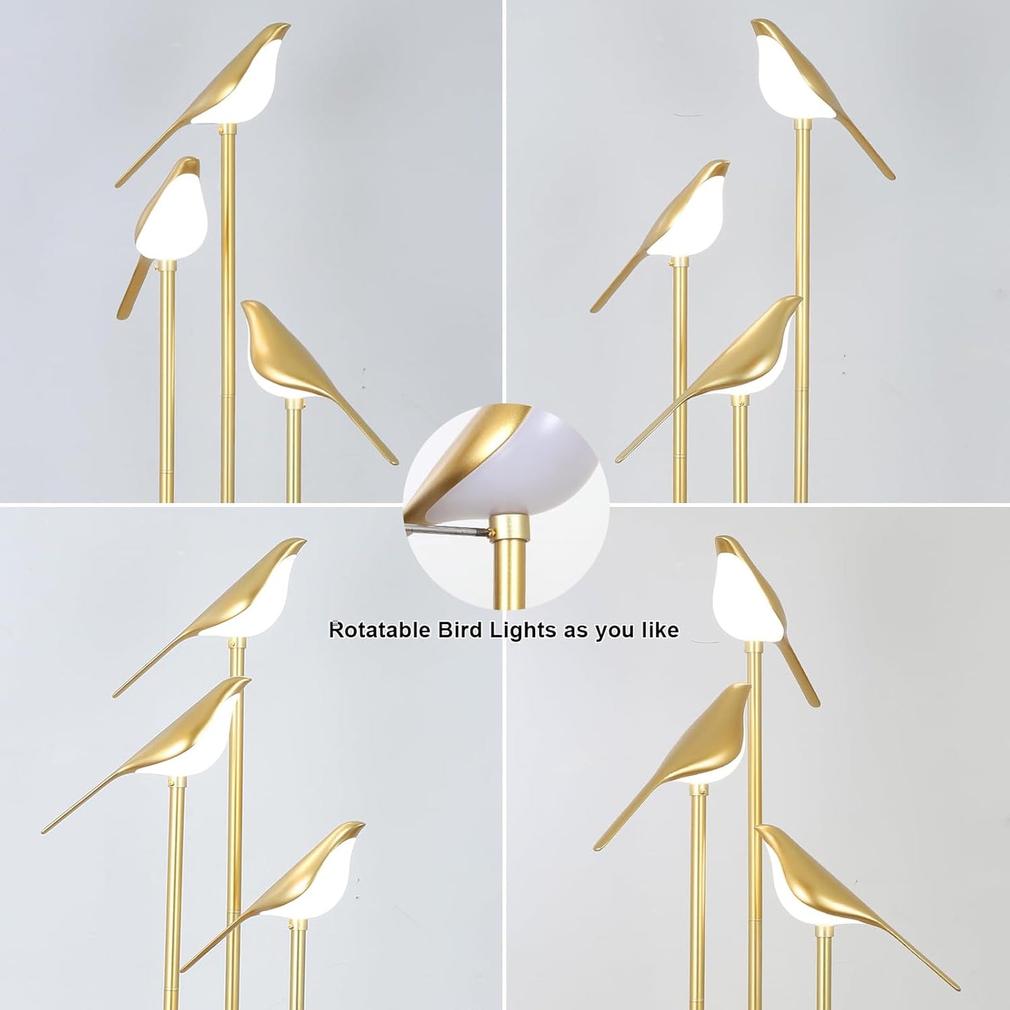 Gold Floor Lamps for Living Room, Modern Floor Lamp with Shelves, Mid Century Standing Lamp with 3 Adjustable LED Bird Lights, Corner Tall Lamp with Table, Brass Stand up Lamp for Bedroom Kids Room