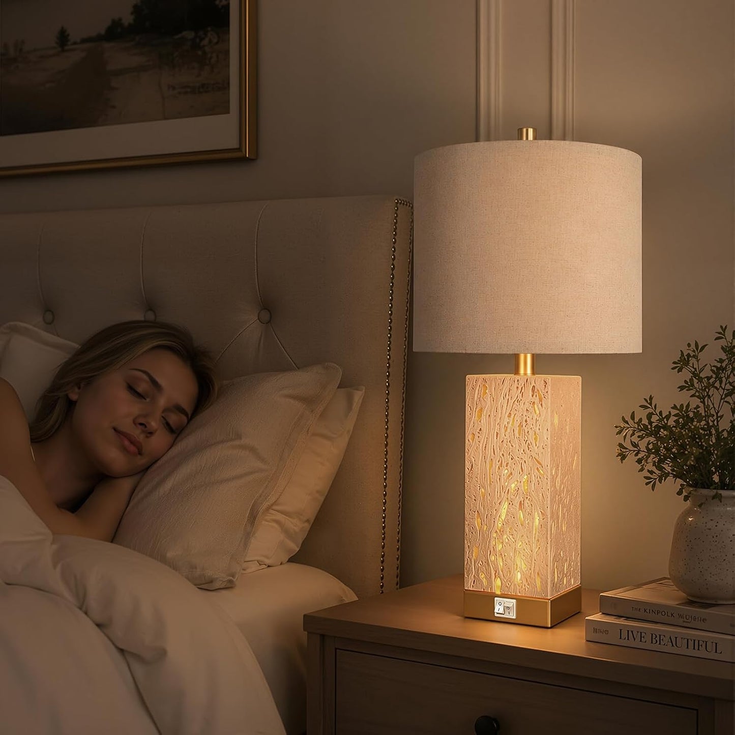 24" Modern Translucent Travertine Table Lamp Set of 2 with Night Light for Living Room,Natural Stone Desk Lamp with USB Ports.Farmhouse Bedside Nightstand Lamp Decor Bedroom Home .Tradition End Lamp