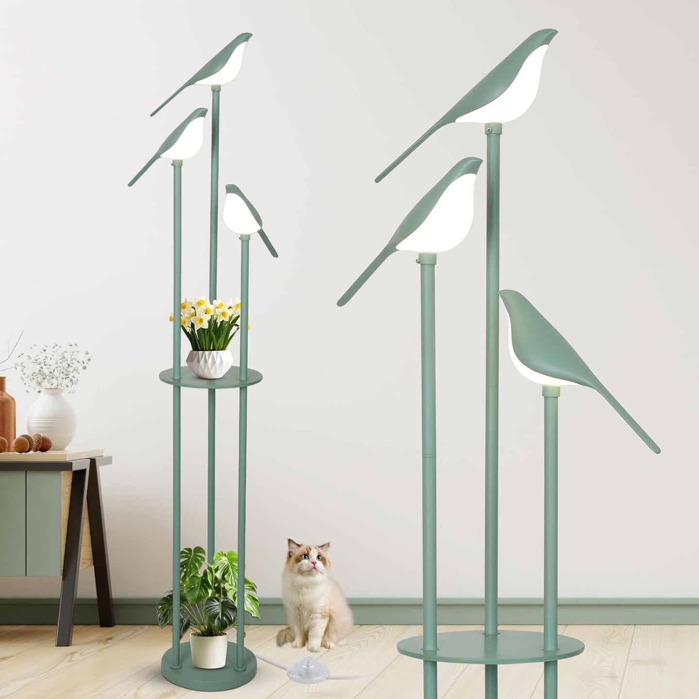 Gold Floor Lamps for Living Room, Modern Floor Lamp with Shelves, Mid Century Standing Lamp with 3 Adjustable LED Bird Lights, Corner Tall Lamp with Table, Brass Stand up Lamp for Bedroom Kids Room