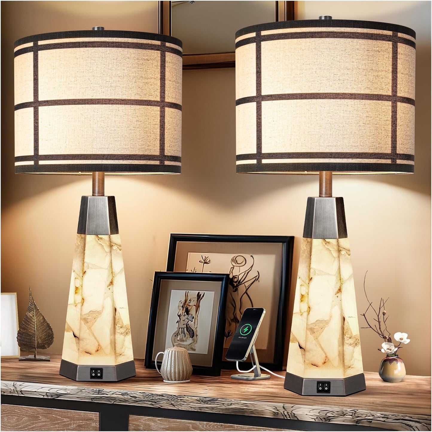 27" Alabaster Table Lamps Set of 2, Lamps for Living Room Bedroom,Bedside Lamps with Night Light,Nightstand Lamp with USB A+C Ports,Modern Table Lamp with Linen Shade (Bulbs Included)