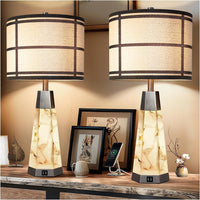 27" Alabaster Table Lamps Set of 2, Lamps for Living Room Bedroom,Bedside Lamps with Night Light,Nightstand Lamp with USB A+C Ports,Modern Table Lamp with Linen Shade (Bulbs Included)