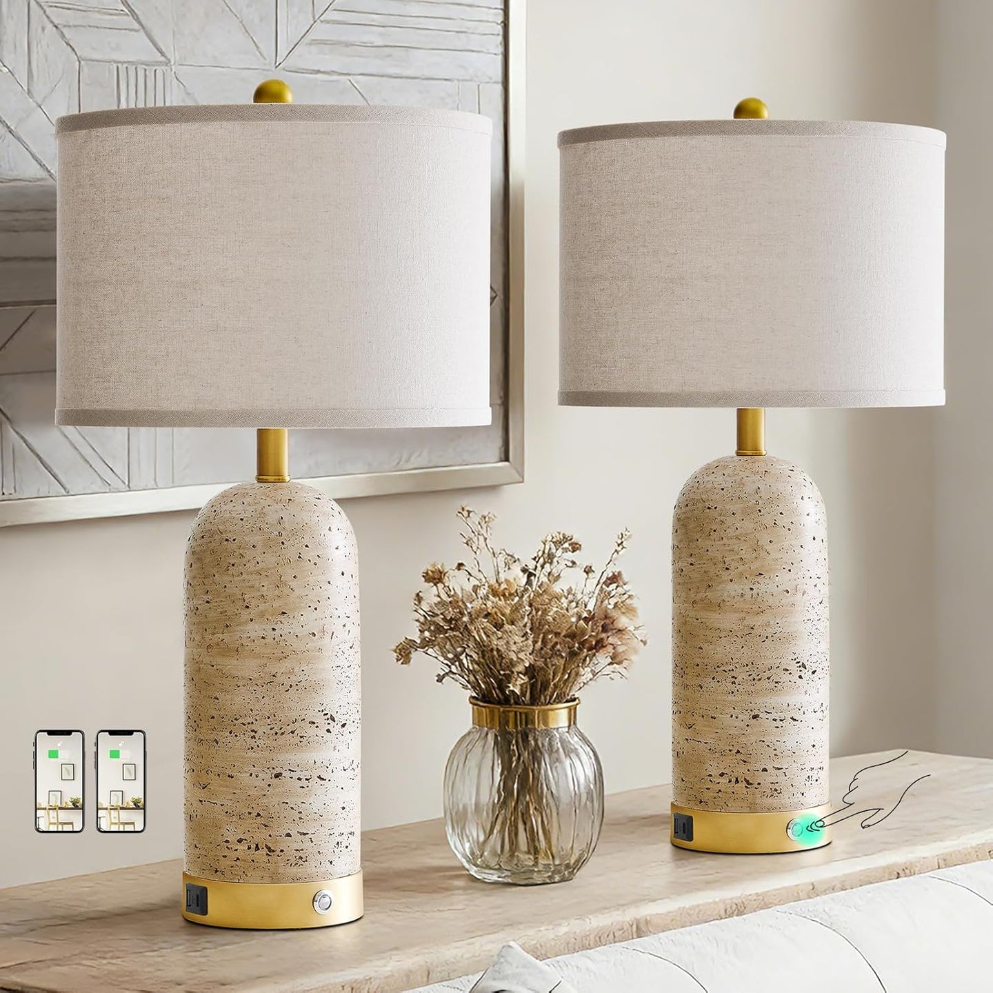 25" Set of 2 Touch Rustic Table Lamps for Living Room, Resin Stone Travertine Nightstand Modern Lamps with 3-Way Dimmable and USB A+C Ports for Bedroom Entryway, 2 LED Bulbs Included