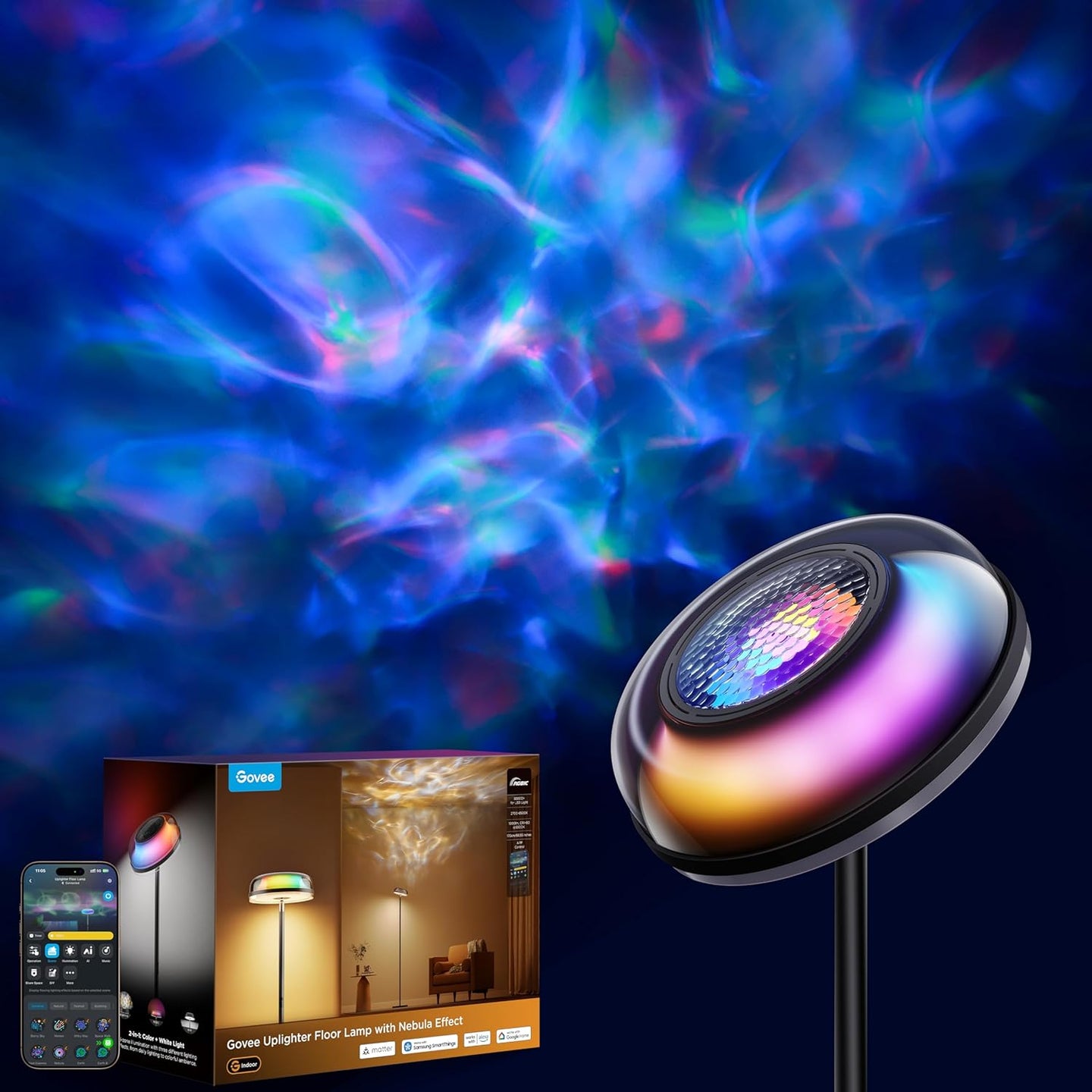 RGBIC Ripple & Nebula Floor Lamp, Smart LED Corner Floor Light with Adjustable Projection Effects, App & Voice Control, Warm and Cool White Standing Lamp for Living Room, Bedroom, Gaming Room