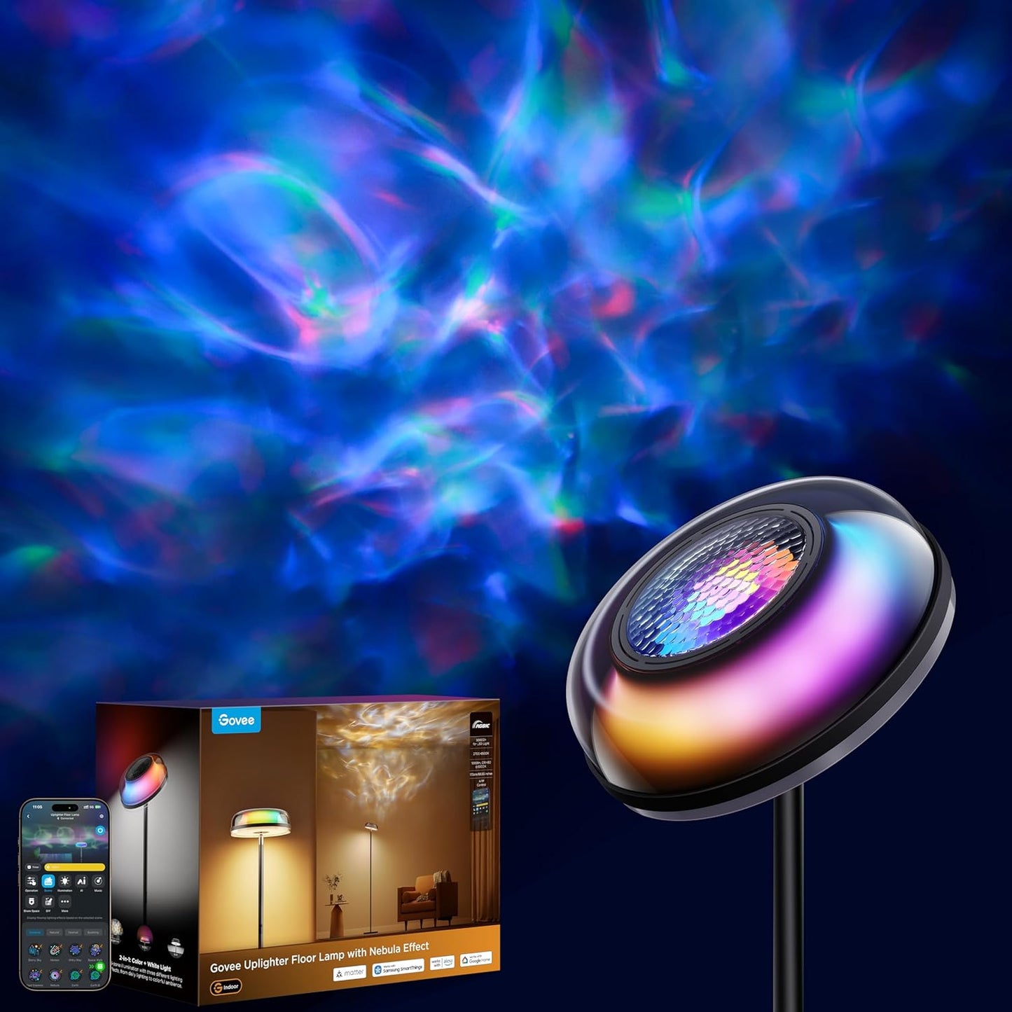 RGBIC Ripple & Nebula Floor Lamp, Smart LED Corner Floor Light with Adjustable Projection Effects, App & Voice Control, Warm and Cool White Standing Lamp for Living Room, Bedroom, Gaming Room