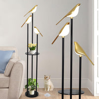 Gold Floor Lamps for Living Room, Modern Floor Lamp with Shelves, Mid Century Standing Lamp with 3 Adjustable LED Bird Lights, Corner Tall Lamp with Table, Brass Stand up Lamp for Bedroom Kids Room