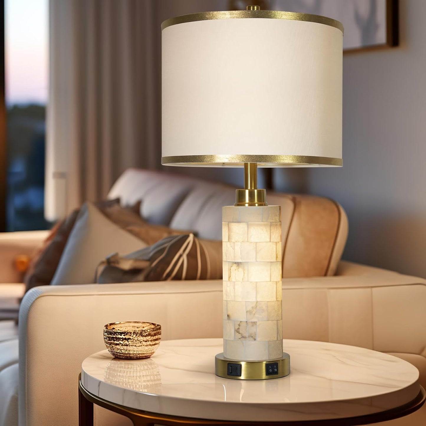 27" Alabaster Table Lamps Set of 2, Lamps for Living Room Bedroom,Bedside Lamps with Night Light,Nightstand Lamp with USB A+C Ports,Modern Table Lamp with Linen Shade (Bulbs Included)