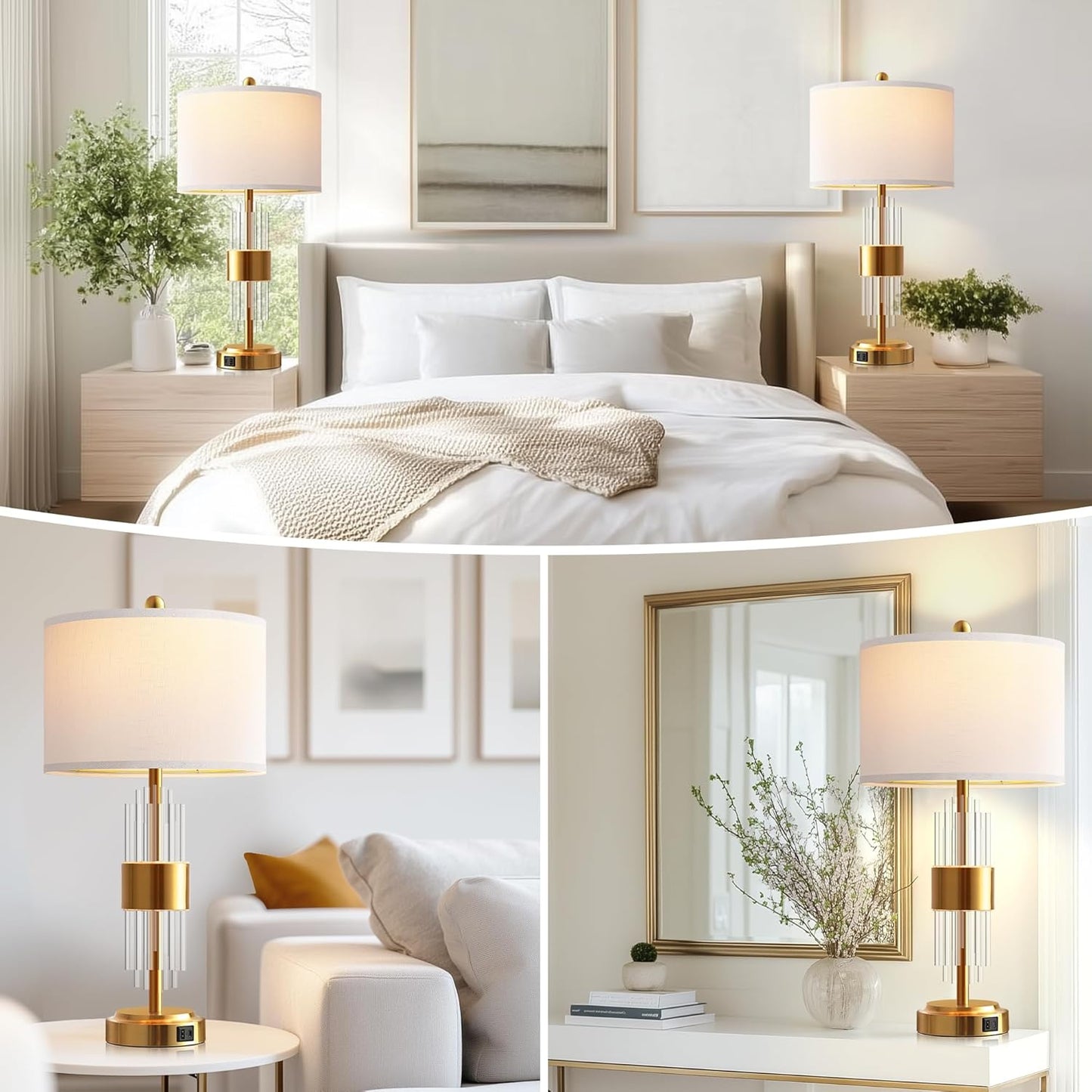 25.5" Table Lamp Set of 2 with USB A+C Ports, Gold Lamp for Living Room with Touch Control, Modern Bedside Nightstand Lamp White Lamp Shade Bedroom Home Office Decor (2700K LED Bulbs Included)