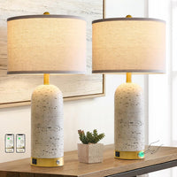 25" Set of 2 Touch Rustic Table Lamps for Living Room, Resin Stone Travertine Nightstand Modern Lamps with 3-Way Dimmable and USB A+C Ports for Bedroom Entryway, 2 LED Bulbs Included