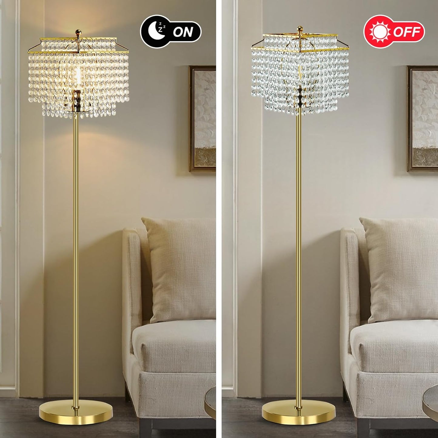Gold Crystal Floor Lamp, 64" Tall Elegant Standing Lamp with On-Off Foot Switch, Double-Layer Lampshade, Standing Floor Lamps for Living Room, Bedroom, Office, 8W LED Bulb Included