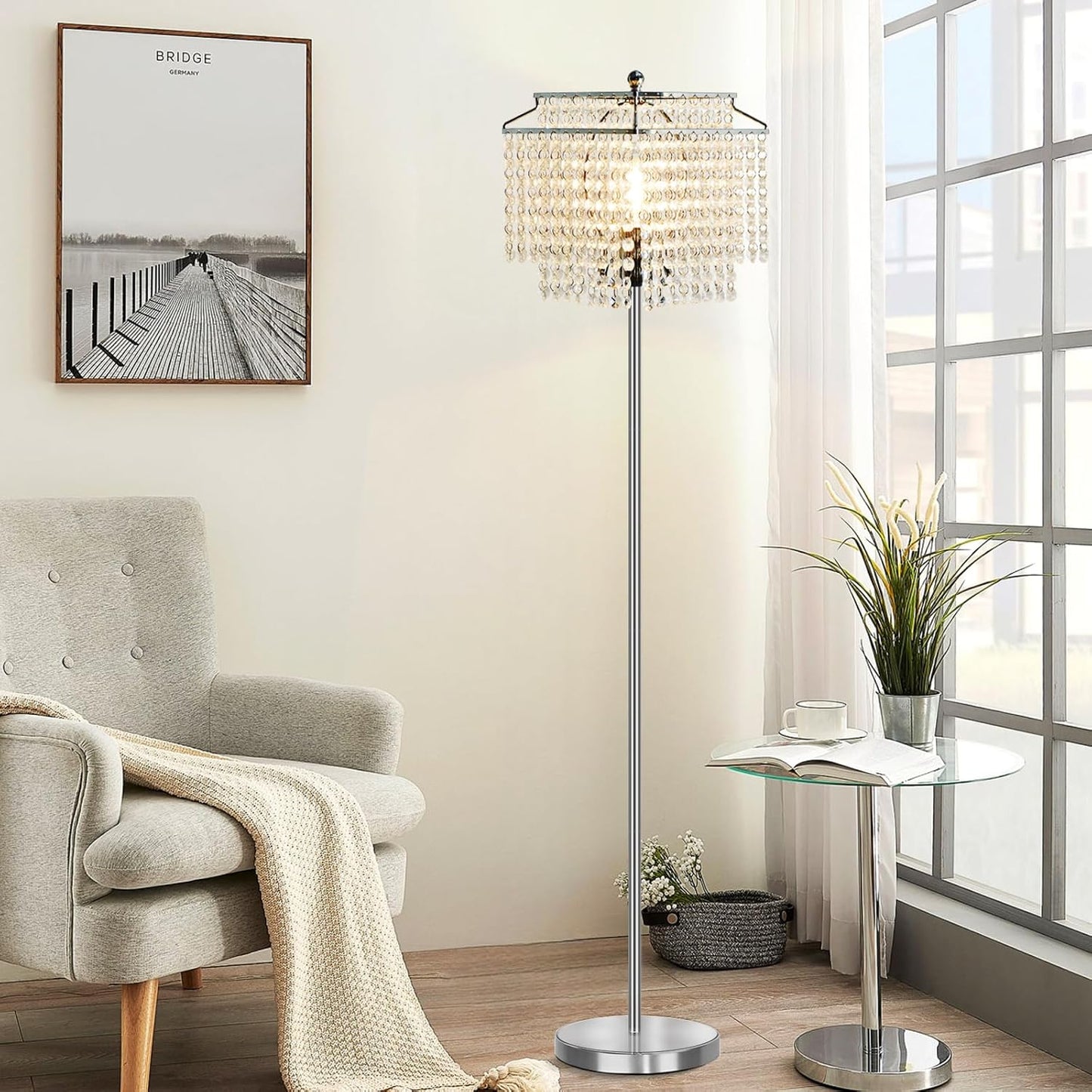 Gold Crystal Floor Lamp, 64" Tall Elegant Standing Lamp with On-Off Foot Switch, Double-Layer Lampshade, Standing Floor Lamps for Living Room, Bedroom, Office, 8W LED Bulb Included