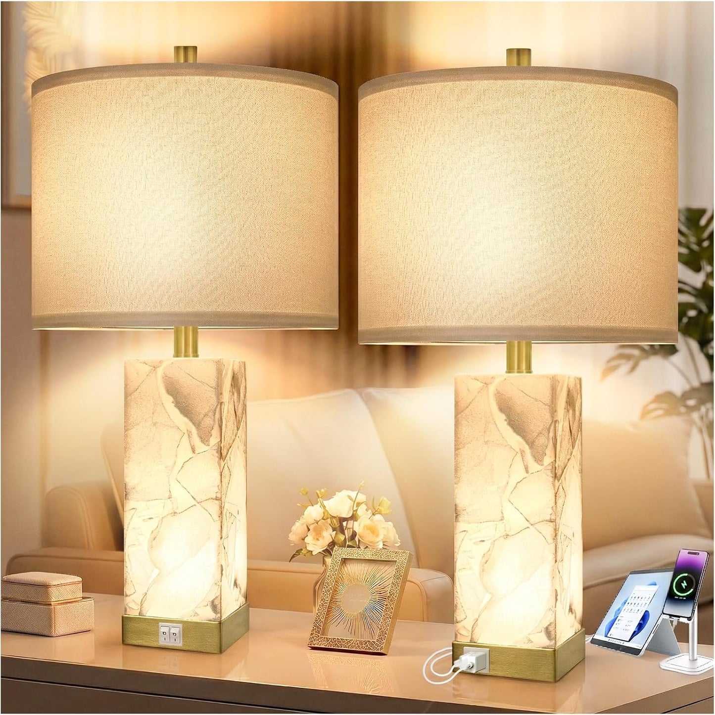 Alabaster Table Lamp Set of 2 with Night Light for Bedroom Living Room, 23" Rotary Switch Bedside Lamp with Linen Shade, Modern Nightstand Lamps for Room Office Dorm (Bulb Included)