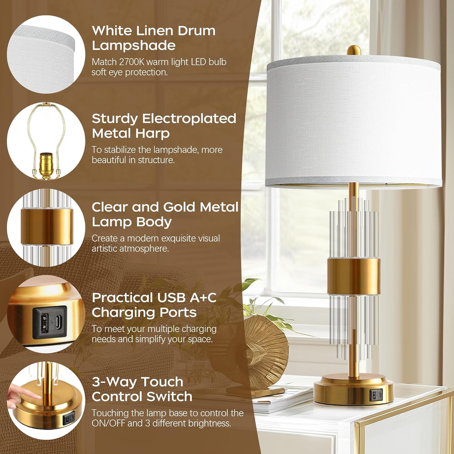 25.5" Table Lamp Set of 2 with USB A+C Ports, Gold Lamp for Living Room with Touch Control, Modern Bedside Nightstand Lamp White Lamp Shade Bedroom Home Office Decor (2700K LED Bulbs Included)