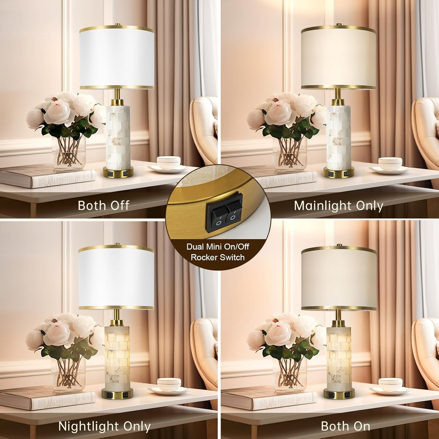 27" Alabaster Table Lamps Set of 2, Lamps for Living Room Bedroom,Bedside Lamps with Night Light,Nightstand Lamp with USB A+C Ports,Modern Table Lamp with Linen Shade (Bulbs Included)