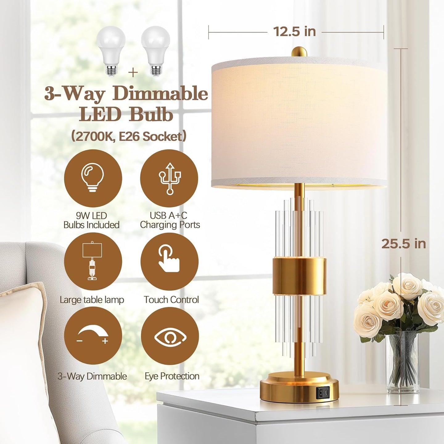 25.5" Table Lamp Set of 2 with USB A+C Ports, Gold Lamp for Living Room with Touch Control, Modern Bedside Nightstand Lamp White Lamp Shade Bedroom Home Office Decor (2700K LED Bulbs Included)
